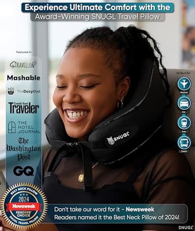 SNUGL Travel Pillow – Memory Foam - Travel Pillows for Airplanes - Neck Pillow for Airplane with Carry Bag & Clip – Neck Support Pillows for Pain Relief (Adult Small - Black) - Image 2