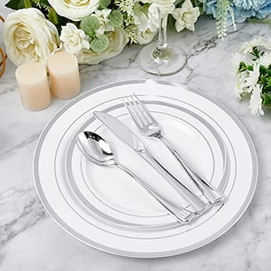 FOCUSLINE 300 Pack Silver Plastic Cutlery Set - 100 Forks, 100 Knives, 100 Spoons - Disposable Flatware Heavy Duty Plastic Silverware Set for Catering, Parties, Dinners, Weddings - Image 7