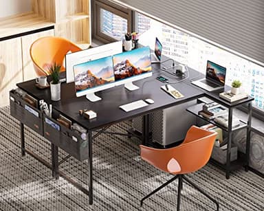 ODK 55 Inch Small L Shaped Computer Desk with Power Outlets, Corner Desk with PC Stand & Reversible Storage Shelves for Small Space Home Office Workstation, Modern Simple Writing Study Table, Black - Image 4