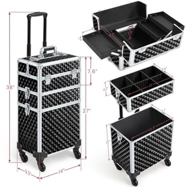 Yaheetech Rolling Makeup Train Case 3 in 1 Cosmetic Case Professional Makeup Suitcase Large Aluminum Cosmetic Trolley with Swivel Wheels and Key, Diamond Pattern- Black - Image 3