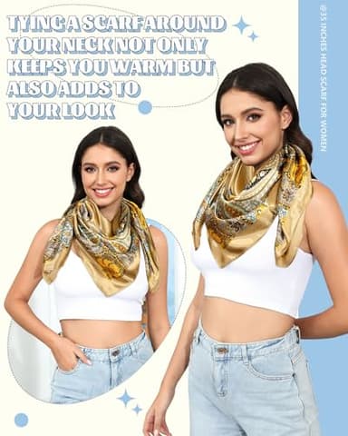 AWAYTR 35” Large Square Satin Head Scarf - 3Pcs Satin Hair Scarves Silk Feeling Bandana Headscarf for Women (Cashew(Camel/Black/Beige)) - Image 3