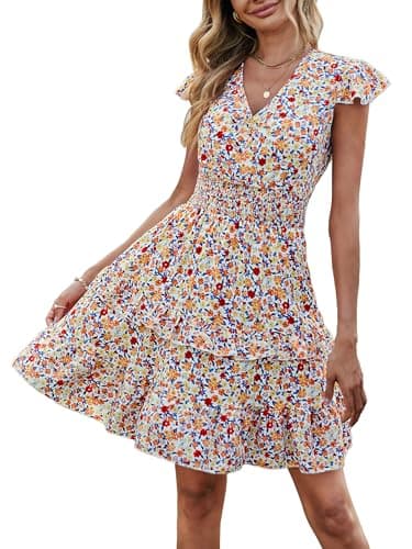 PRETTYGARDEN Casual Summer Dresses for Women 2025 Short Sleeve V Neck Floral Mini Dress Boho Smocked Ruffle Short Sundress(X-Small, White) - Image 1