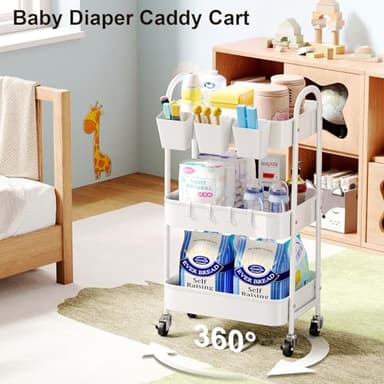 3 Tier Heavy Duty White Metal Rolling Cart with Lockable Wheels, Three Tier Roller Book Snack Cart, Utility Storage Organizer Carts for Kitchen, Bathroom, Garage, Baby Diaper, Craft, Art, Teacher - Image 5
