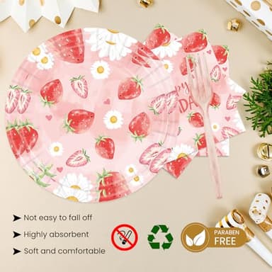 96Pcs Strawberry Birthday Party Plates Napkins-Sweet Baby Shower Pink Fruit Strawberry Theme Forks Supplies Tableware Set Disposable Decoration for Girls Berry Baby Decorations Favors Serves 24 - Image 5