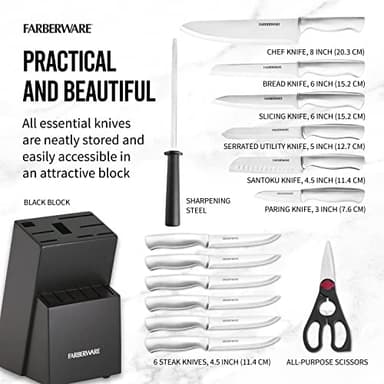 FARBERWARE 15-Piece Kitchen Knife Set with High-Carbon Stainless Steel Blades, Black Handles, Steak Knives, Wood Block, Razor Sharp and Ergonomic - Image 4