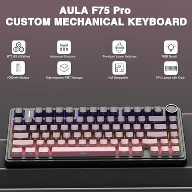 AULA F75 Pro Wireless Mechanical Keyboard,75% Hot Swappable Custom Keyboard,RGB Backlit,Pre-lubed Reaper Switches,Side Printed PBT Keycaps Mechanical Gaming Keyboards, Pink&Black - Image 2