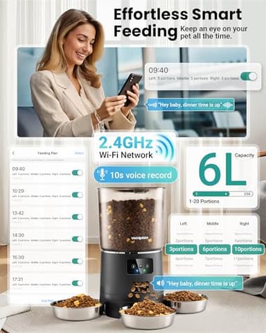 Vacqueen Automatic Cat Feeder for 3 Cats, 6L/25 Cups Smart WiFi Pet Feeder, Strong Anti-Jam System, Dual-Effect Desiccant Cat Food Dispenser, with 10S Voice Recorder for Cats and Small Dog(Black) - Image 7