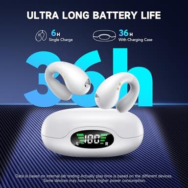 Open Ear Earbuds Wireless Bluetooth 5.3 Earphones, Flexible Clip On Ear buds with 36H Playtime LED Display Bone Conduction Headphones, Waterproof Light Weight Fit for Every Ear, Sport Frosted White - Image 8