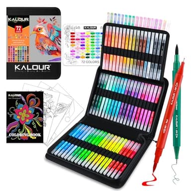 KALOUR 72 Art Markers Pens Set, Dual Tip Brush and Fine Point, Color Number and Name, Zipper Case, Adult Coloring, Lettering, Drawing - Image 1