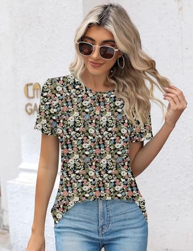 Kistore Womens Fashion Plus Size Short Sleeve Crew Neck Pleated Loose Fitting Summer Floral Tops for Women 3XL - Image 4