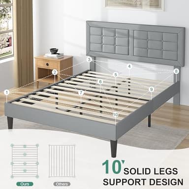 VECELO Full Size Bed Frame with Adjustable Headboard, Upholstered Button Tufted Platform Bedframe with Wood Slats Support, No Box Spring Needed, Light Grey - Image 5