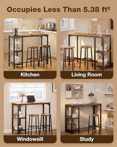Qsun 3-Piece Bar Table Set for 2, Table with Stools & 2 Storage Shelves, Small Bar Table Set with Glass Rack, Small Kitchen Table for Dining Room, Living Room, Rustic Brown - Image 7