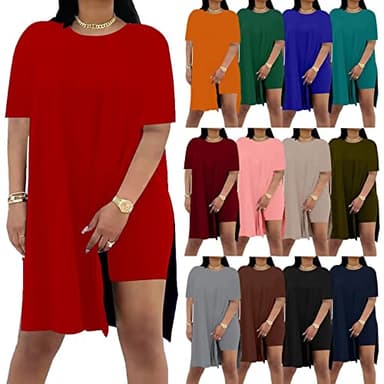 Women Plus Size 2 Piece Outfits Short Sleeve Tunic Tops and Skinny Biker Shorts Sets Tracksuits Red,X-Large - Image 2