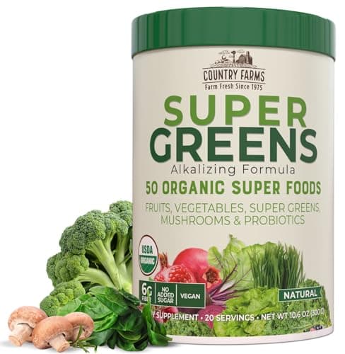 COUNTRY FARMS Super Greens Natural Flavor, 50 Organic Super Foods, USDA Organic Drink Mix, Fruits, Vegetables, Super Greens, Mushrooms & Probiotics, Supports Energy, 20 Servings, 10.6 Oz - Image 1