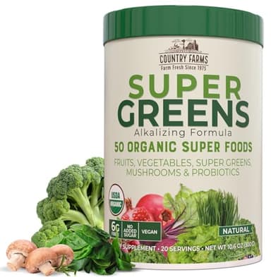 COUNTRY FARMS Super Greens Natural Flavor, 50 Organic Super Foods, USDA Organic Drink Mix, Fruits, Vegetables, Super Greens, Mushrooms & Probiotics, Supports Energy, 20 Servings, 10.6 Oz - Image 1