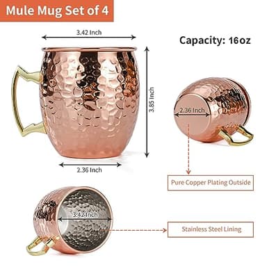Amrules Moscow Mule Mugs Set of 4, 16 OZ Hammered Copper Cups with 304 Stainless Steel Lining and Gold Brass Handles, for Cold Drinks, Beer, Wine, Bars, Parties - Image 3