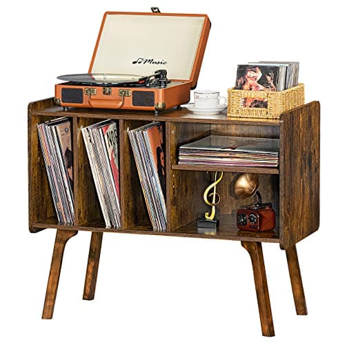 Lerliuo Record Player Stand with 4 Cabinet Holds Up to 220 Albums, Large Turntable Stand with Beech Wood Legs, Mid-Century Record Player Table,Brown Vinyl Holder Storage Shelf for Bedroom Living Room - Image 1