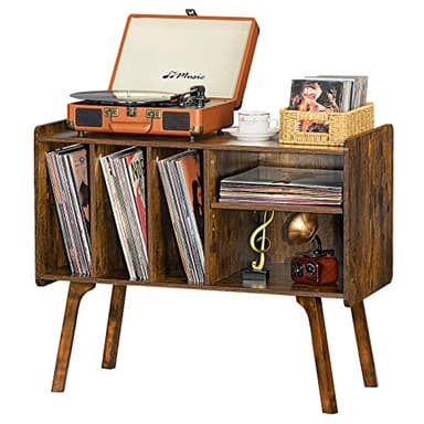 Lerliuo Record Player Stand with 4 Cabinet Holds Up to 220 Albums, Large Turntable Stand with Beech Wood Legs, Mid-Century Record Player Table,Brown Vinyl Holder Storage Shelf for Bedroom Living Room - Image 1