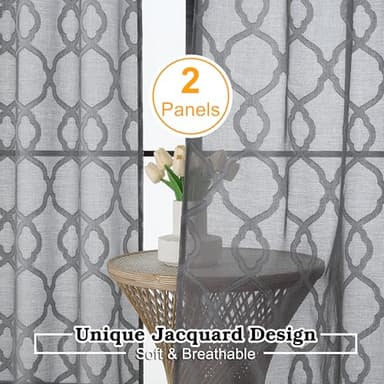OWENIE Grey Sheer Curtains 63 Inch Length 2 Panels Set for Living Room Bedroom, Light Filtering Geometric Jacquard Clip Textured Short Semi Sheer Curtains, Modern Curtains Drapes, Each 42x63 inch - Image 2