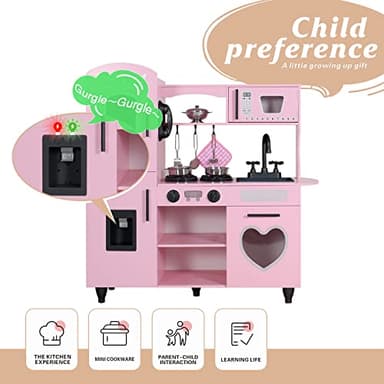 TaoHFE Play Kitchen, Pink Kids Kitchen Set for Girls Kitchen Set for Kids Ages 6-8 Gift Toddler Kitchen Set for Kid Age 3+ Kitchen Playset with Lights & Sounds Wooden Toy Kitchen Playset Gift - Image 4