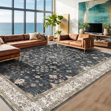 Black Boho Rug for Living Room 9x12 - Washable Dining Room Rugs for Under Table, Vintage Soft Low Pile Carpet for Bedroom, Non-Slip Farmhouse Bohemian Large Tumble Rug for High Traffic Area - Image 9