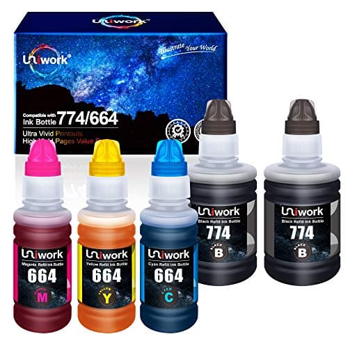 Uniwork Compatible Refill Ink Bottle Replacement for Epson 774 664 T774 T664 for ET-2650 ET-2550 ET-16500 ET-4500 ET-4550 ET-3600 ET-2600 ET-4550 Printer Tray (Black, Cyan, Magenta, Yellow, 5 Pack) - Image 1
