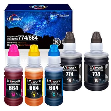 Uniwork Compatible Refill Ink Bottle Replacement for Epson 774 664 T774 T664 for ET-2650 ET-2550 ET-16500 ET-4500 ET-4550 ET-3600 ET-2600 ET-4550 Printer Tray (Black, Cyan, Magenta, Yellow, 5 Pack) - Image 1