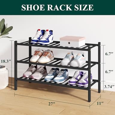 Smiry Bamboo Shoe Rack for Closet, 3 Tier Wooden Stackable Shoe Organizer, Free Standing Shoes Storage Shelf for Entryway, Front Door Entrance, Black - Image 2
