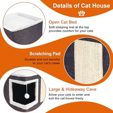 Loyareal Cat Houses for Indoor Cats - Large Cat Bed Cave with Scratch Pad and Fluffy Ball, Foldable Cat Condo Hideaway with Reversible Cushion for Multi Small Pet, Dark Grey - Image 4