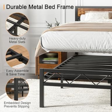 VECELO Full Size Bed Frame with Headboard, Heavy-Duty Platform Bedframe with Metal Slats Support, No Box Spring Needed, Easy Assembly, Black & Brown - Image 6