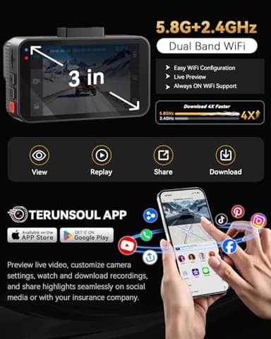 TERUNSOUl 4K+4K Dash Cam Front and Rear, Free 128GB Card Included, 5.8GHz WiFi Dash Camera for Cars, Built-in GPS, G-Sensor, 170°Wide Angle, 3" IPS Screen, 24H Parking Mode, Support 512GB Max - Image 4