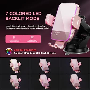 Wireless Car Charger,【7 Colored LED Backlit】 15W Auto Clamping Car Charger Phone Mount Holder fit for iPhone 14 13 12 Mini Pro Max 11 XR XS, Samsung Galaxy S23 Ultra S22 S21+ S10+ Note 20, etc - Pink - Image 2