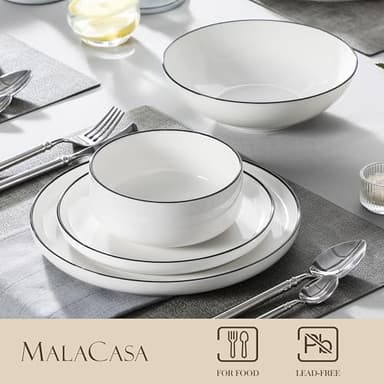 MALACASA Plates and Bowls Sets, 24 Pieces Modern Porcelain Dinnerware Set for 6 Ceramic Dishware Dishes White Kitchen Dinner Dining Ware Set wtih Black Rim Microwave and Dishwasher Safe, Series LUNA - Image 3
