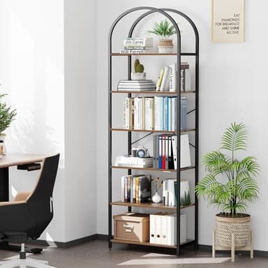 Homhedy 6-Tier Bookshelf Arched Display Racks, Wood and Metal Bookcase, Tall Bookshelf, Industrial Display Standing Shelf Unit, for Home Office, Living Room, Bedroom, Bathroom, Rustic Brown - Image 6