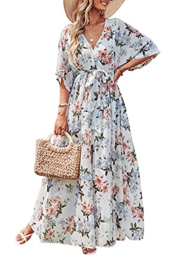 ANRABESS Women’s Summer Loose Boho Flowy Wrap V Neck 3/4 Sleeve Floral Print Slit Beach Wedding Guest Long Maxi Dresses White Flor X-Large - Image 1