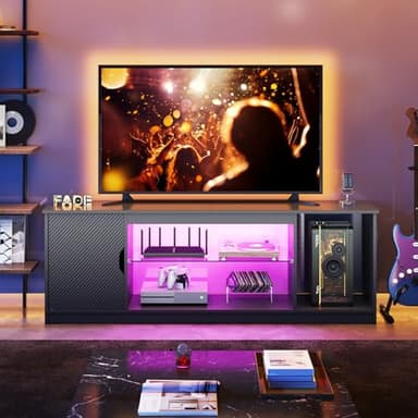 Bestier LED TV Stand for 55/60/65 Inch TV, Gaming Entertainment Center with Cabinet for PS5, Xbox,Modern TV Cabinet with Adjustable Glass Shelves for Living Room, Bedroom 57 Inch,Black - Image 3