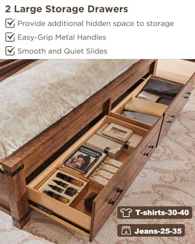 T4TREAM Farmhouse King Size Bed Frame with 54" Tall Geometric Headboard & 2 Large Storage Drawers, Rustic Wood Platform Bed with Wood Slats Support, No Box Spring Needed, Reclaimed Barnwood - Image 5