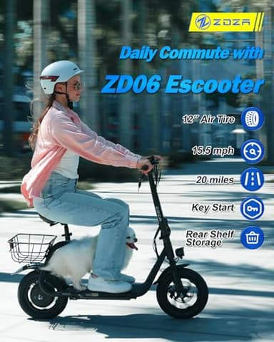Electric Scooter with Seat ZD06, 800W Peak Motor, 20 Mile Range & 15.5 Mph, Key Start, Foldable E-Scooter with Carry Basket for Pets & Cargo, Electrically-Powered Motor Scooters - Image 3