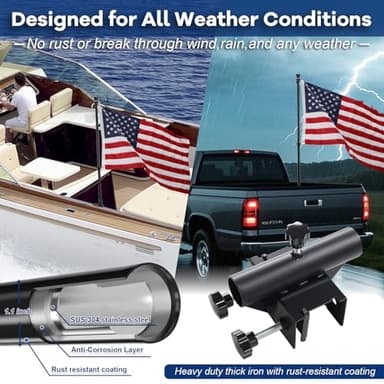 Truck Flag Pole Kit with Trailer Hitch Holder - 6FT Heavy Duty Flagpole for Trucks,Stainless Steel Flag Rings Hold Flag Securely,Upgraded Windproof Holder with Longer Sleeve for Truck,Pickup,Jeep - Image 2