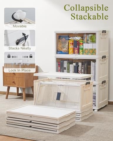 OlarHike 76QT Stackable Storage Bins with Lids - Folding Storage Box with Doors and Wheels, Collapsible Plastic Storage Bins for Closets, Home Organizers, 3 Pack Cubes (Warm Gray) - Image 2