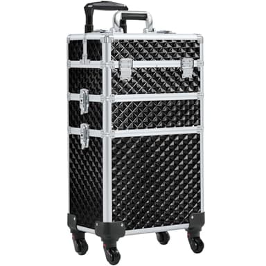 Yaheetech Rolling Makeup Train Case 3 in 1 Cosmetic Case Professional Makeup Suitcase Large Aluminum Cosmetic Trolley with Swivel Wheels and Key, Diamond Pattern- Black - Image 1