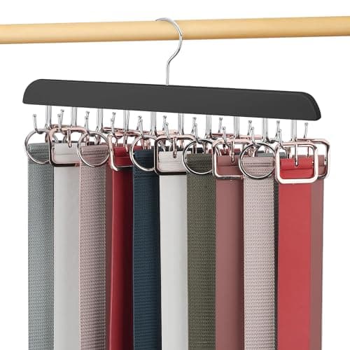 OMHOMETY 2 Pack Belt Hanger for Closet, Sturdy Wood Belt Organizer with 40 Hooks, Hanging Belt Rack Belt Storage Holder, Black - Image 1