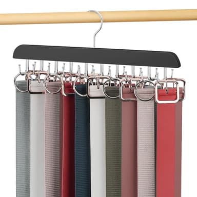OMHOMETY 2 Pack Belt Hanger for Closet, Sturdy Wood Belt Organizer with 40 Hooks, Hanging Belt Rack Belt Storage Holder, Black - Image 1