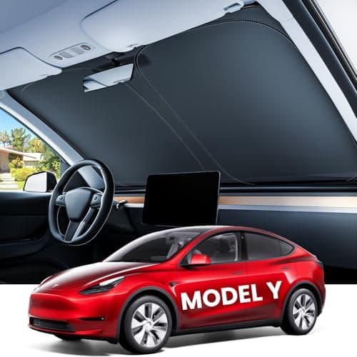 REEVAA 2025 Upgraded Tesla New Model Y (Juniper) Sunshade Windshield [Tailored Fit, 99% Sun Protection] Foldable Sun Shade Accessories with Storage Bag for Model Y 2016-2026, Silver Coating - Image 1
