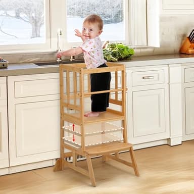 COSYLAND Toddler Standing Tower - Adjustable Height Toddler Kitchen Stool Helper - Kids Kitchen Step Stool for Learning with Removable Safety Railing Natural - Image 1