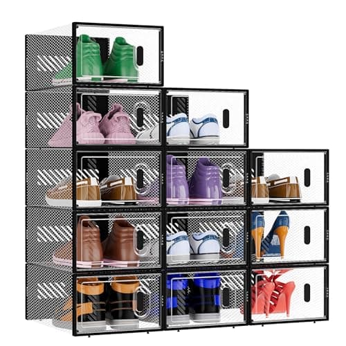 BALEINE 12 Pack Stackable Shoe Storage Boxes Fit Size 9, Thickened Clear Shoe Box Bins with Lids, Plastic Foldable Organizer Sneaker Storage Containers (Large, Black) - Image 1