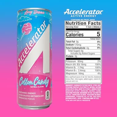 Accelerator Active Energy Drink Sugar Free Zero Carbs, Cotton Candy 12oz can(12 pack) Enhanced Focus & Sustained Energy from 100% Natural Caffeine (200mg), Ashwagandha, Coq10 & Green Tea Extract - Image 2