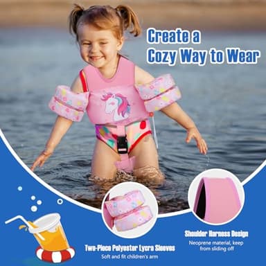 MoKo 13-20-30lbs Toddler Floaties Arm Floaties, Toddler Swim Vest Cartoon Swim Arm Band for Kids with Crotch Strap Pool Float Vests Sleeves Shoulder Straps Learn to Swim, Pale Pink & Note Unicorn - Image 5