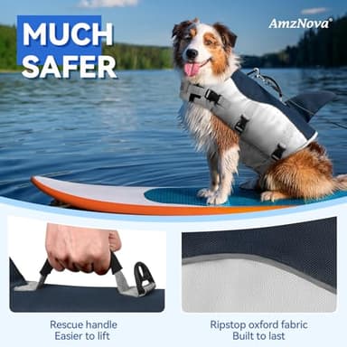AMZNOVA Shark Dog Life Jacket, Swimming Vest with Handle, Dog Life Vest for Swimming & Boating, Ripstop & Buoyancy for Puppy Doggy, XL, Majolica Blue - Image 3