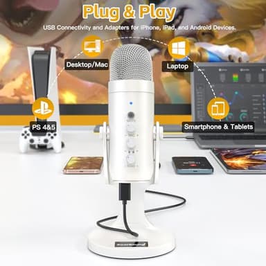 ZealSound USB Microphone,Quick Mute Noise Cancel for Phone Computer PC PS5,Gaming Microphone with Gain Control,Echo Monitor Volume Adjust for Streaming Vocal Recording ASMR Podcast Video K66 White - Image 2
